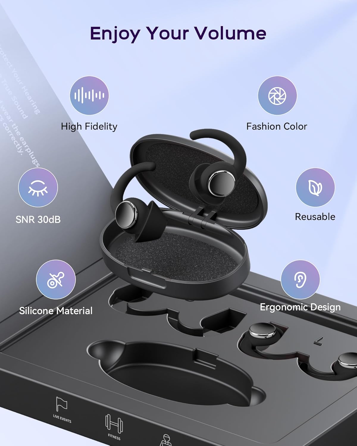 Reusable Silicone Ear Plugs for Sleeping, 30dB SNR, Noise Cancelling for Sleep, Concerts, Travel, Work, Study, 2 Pairs(Black-Silver)