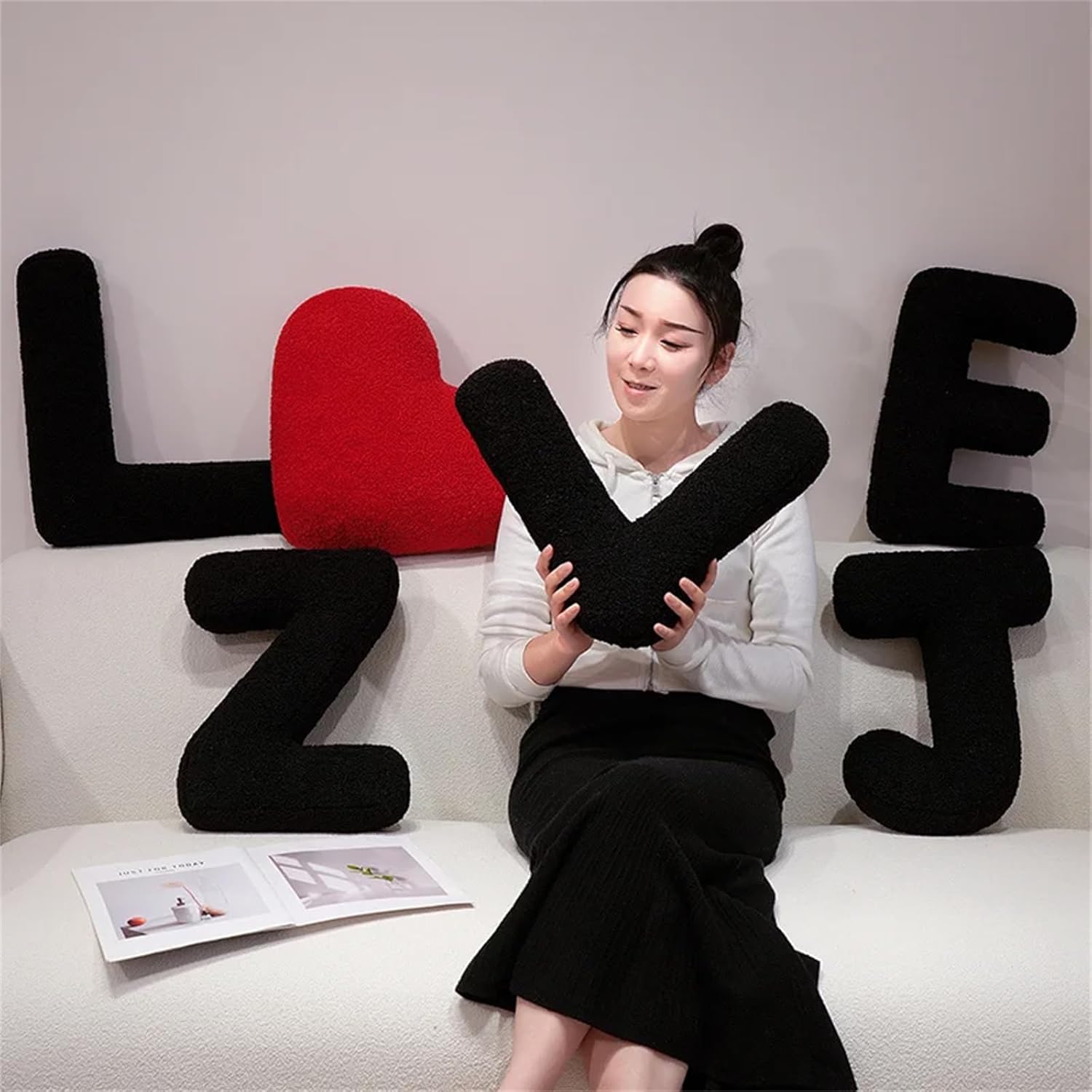 MOJUN Black Letter Pillows Cute Soft Plush Initial Letter Throw Cushion Decorative English Alphabet A to Z Letter Hugging Throw Pillows for Sofa Couch Bed Car Living Room Decoration Photo Prop, L