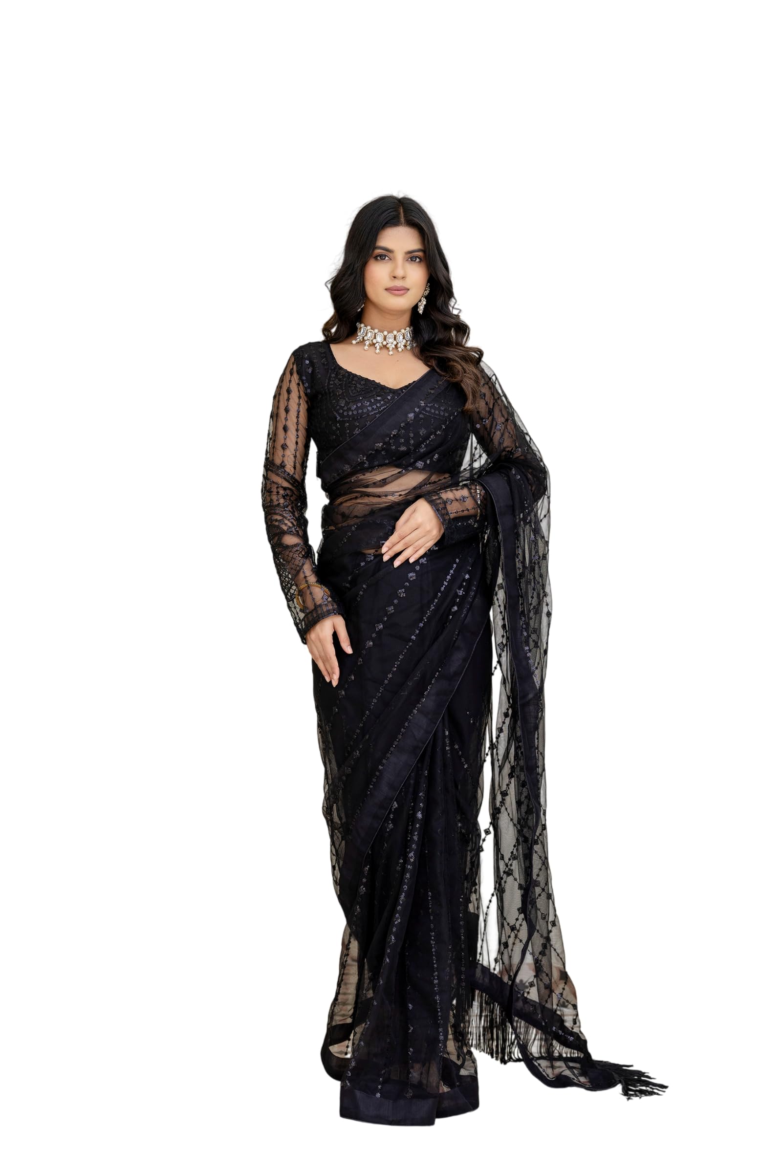 Black Soft Mono Net Saree with Sequins Thread Embroidery, Unstitched Blouse Included, 5.5 Meter-image-25