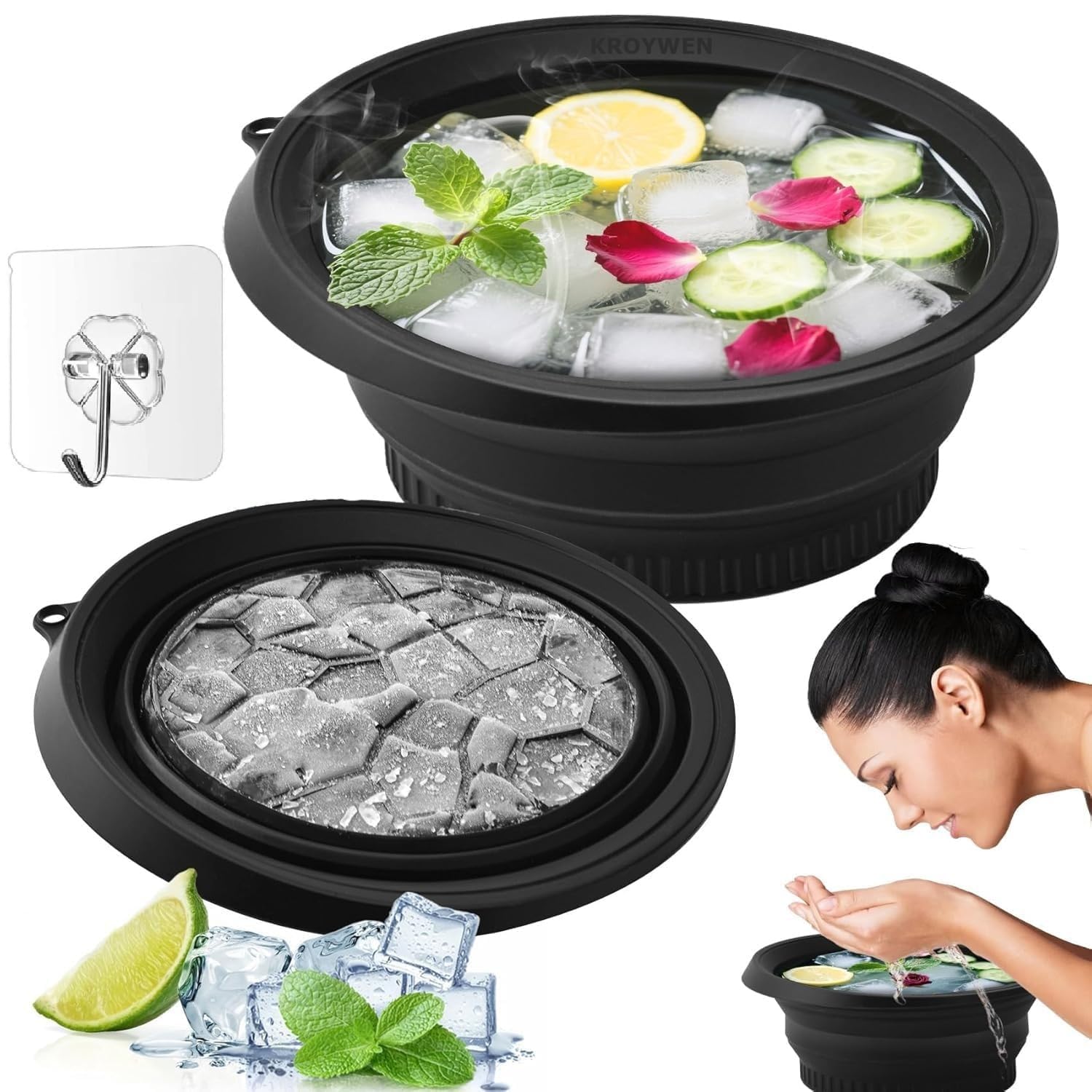 Silicone Collapsible Face Bowl with Built-in Ice Tray, Modern Style, Black, Round, Dishwasher Safe, for Face Bath, Soaking, Washing | BPA-Free | for Men and Women