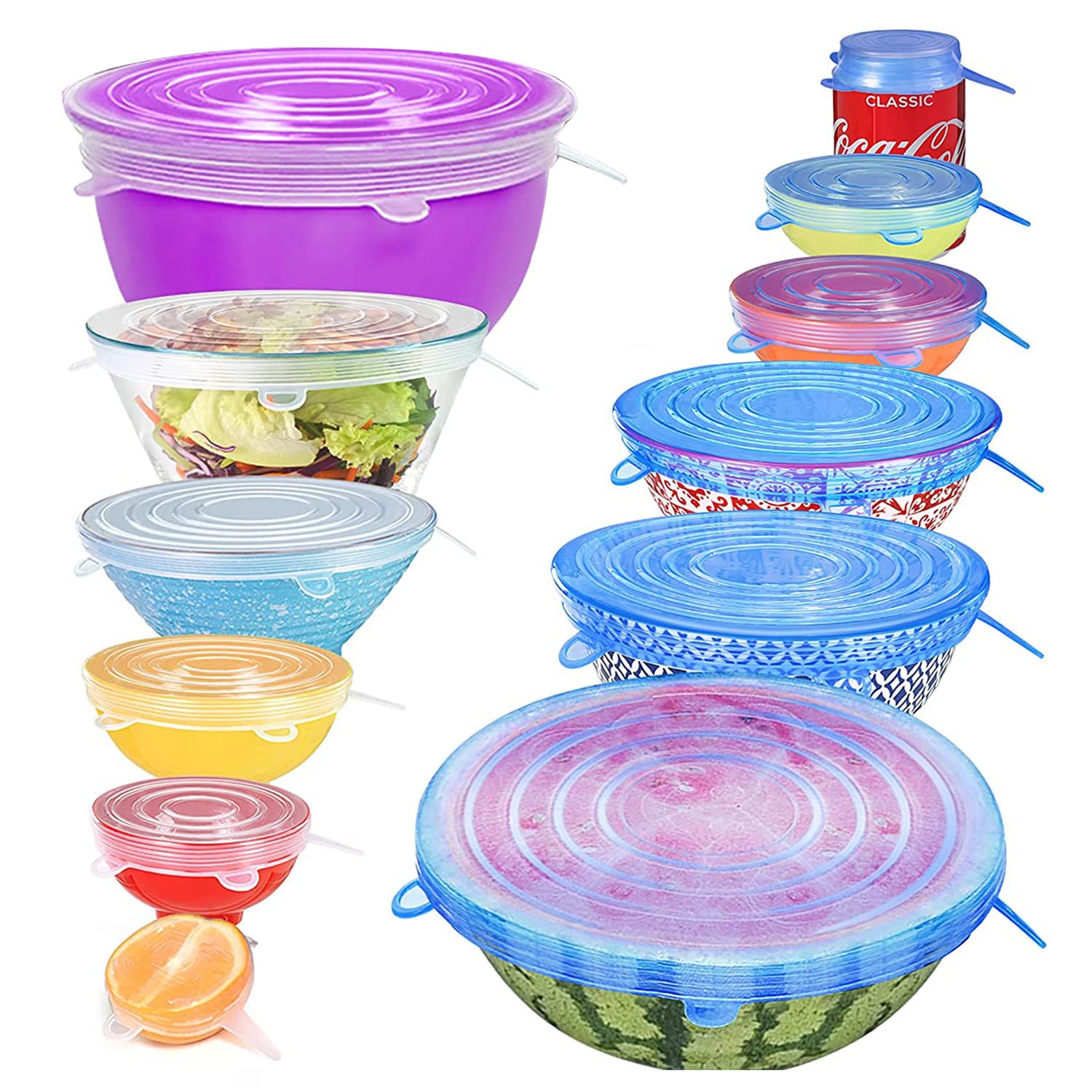 Stretch Lid, 12Piece Reusable Silicone Stretch Lid, 6 Sizes Stretch Food Holder Lid for Cans, Bowls & Cups, Fruit, Microwave Dishwasher Safe (Blue + White) — Amazon image 5
