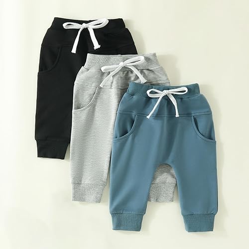 Miniatura 2 de XIAXAIXU Baby Boys 3 Pack Solid Terry Active Harem Joggers PantsToddler Casual Athletic Drawstring Bottoms Sweatpants (Black Gray Blue, 0-6 Months)