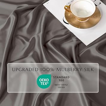 THXSILK 100% Silk Sheet Set, 7A+ Silk Sheet Set Soft Breathable, Luxury Bedding (1 Duvet Cover, 1 Fitted Sheet, 2 Pillow Shams), Queen, Charcoal