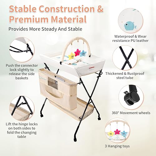 Miniatura 4 de Palomacleo Cambiador portátil para bebé, cambiador de pañales impermeable con ruedas, estación de pañales plegable de altura ajustable con cinturón