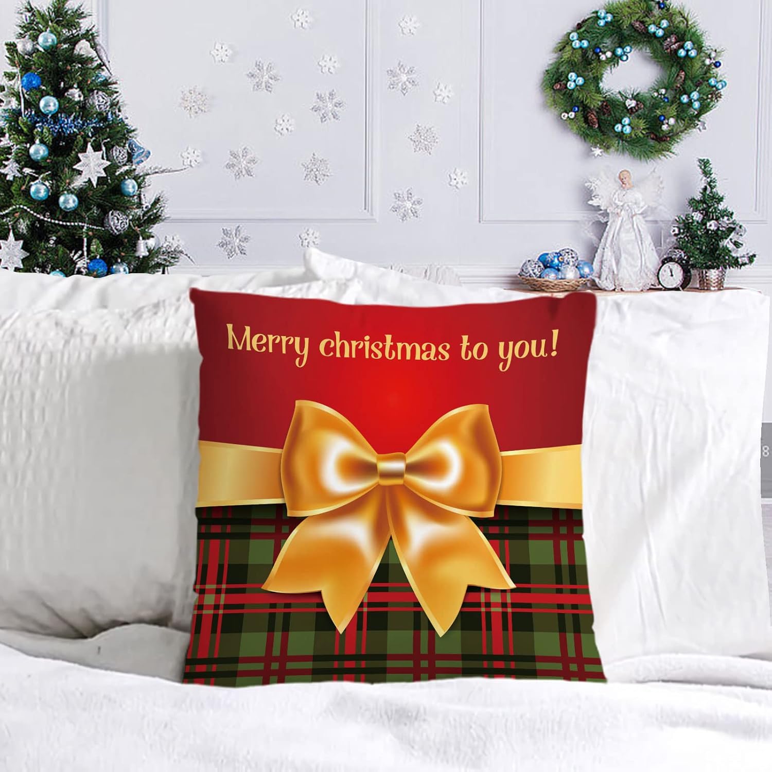 YeeJu Set of 4 Christmas Decorative Throw Pillow Covers Christmas Holiday Velvet Pillow Cases Xmas Red Green Cushion Covers Outdoor Sofa Home Bed Decor Home Decorations 20x20 Inch