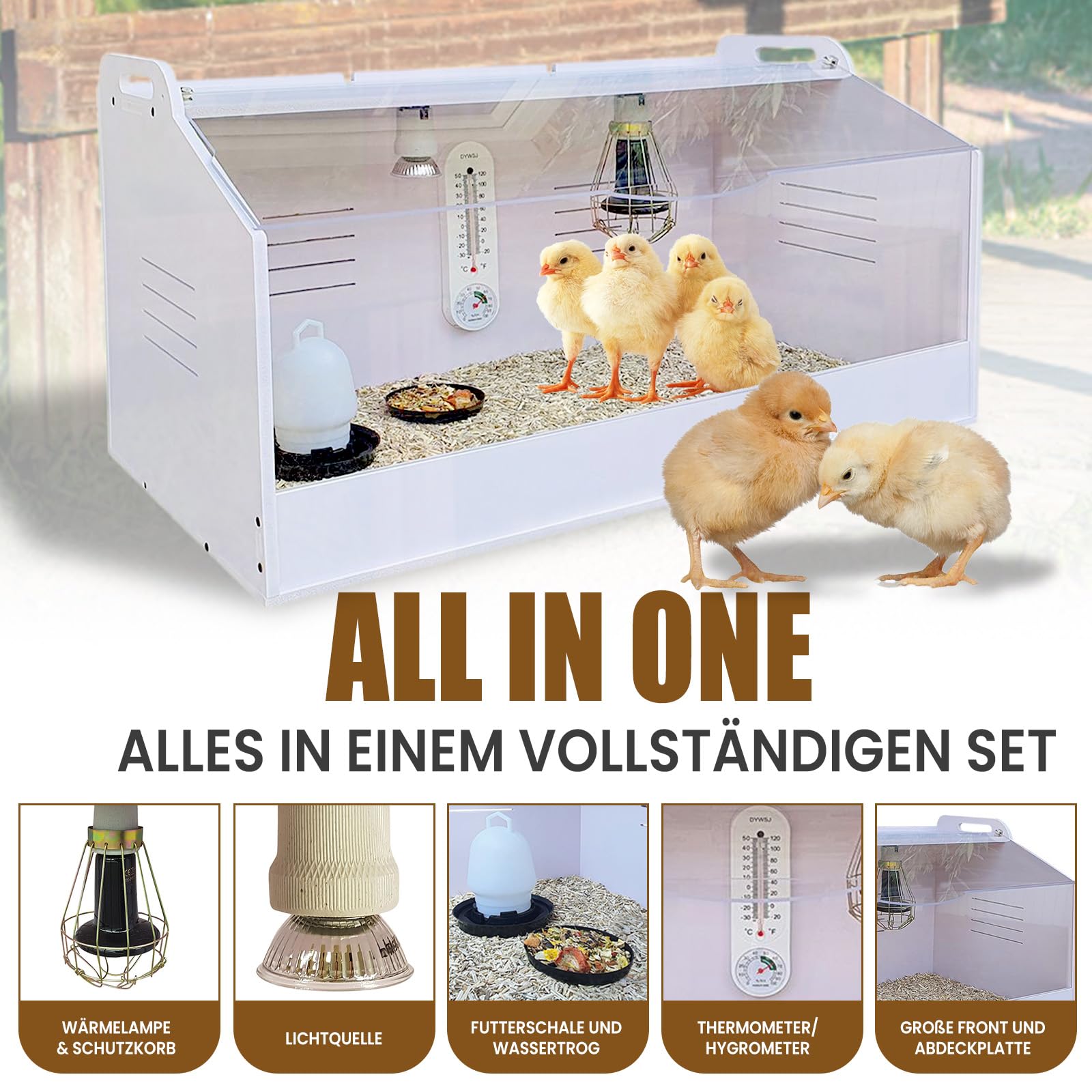 Breker Brutkasten Hühner [Komplettset] - Wärmelampe, Schutzkorb, Lichtquelle, Thermometer, Futterteller & Wassertränke | 80 x 40 x 40 cm | Kükenaufzuchtbox | Weiß