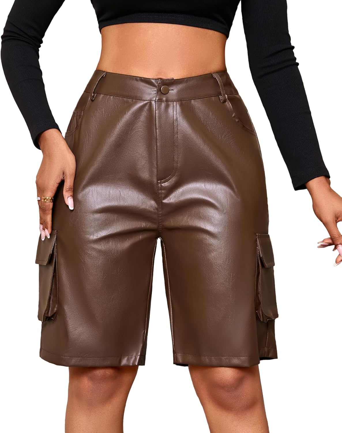 YEXPINE Faux Leather Cargo Shorts for Women High Waisted Casual Wide Leg Bermuda Shorts with Pockets