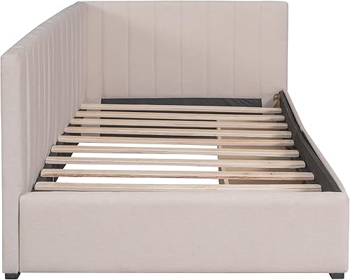 Miniatura 7 de SOFTSEA Sofá cama tapizado de tamaño individual, sofá cama en forma de L con 2 cajones de almacenamiento, marco de sofá cama de tela de lino para