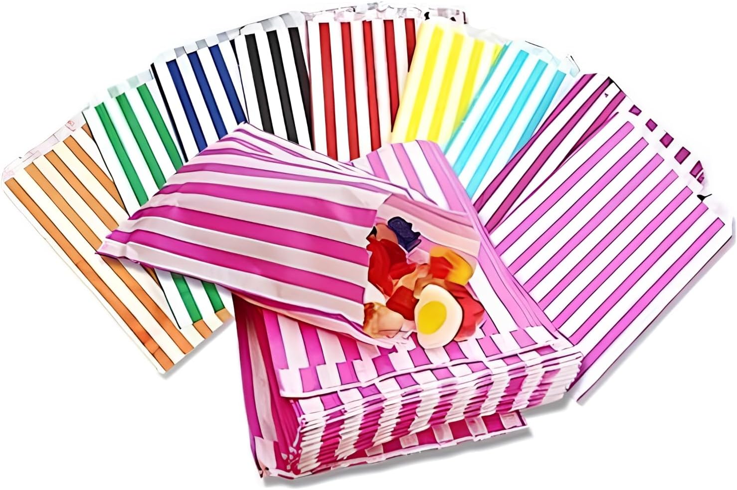 5" x 7" Mixed Assorted Colours Candy Striped Sweet Paper Bags | Pack of 100, Wedding Buffet Favour, Cake Gift, Pick n Mix Shop