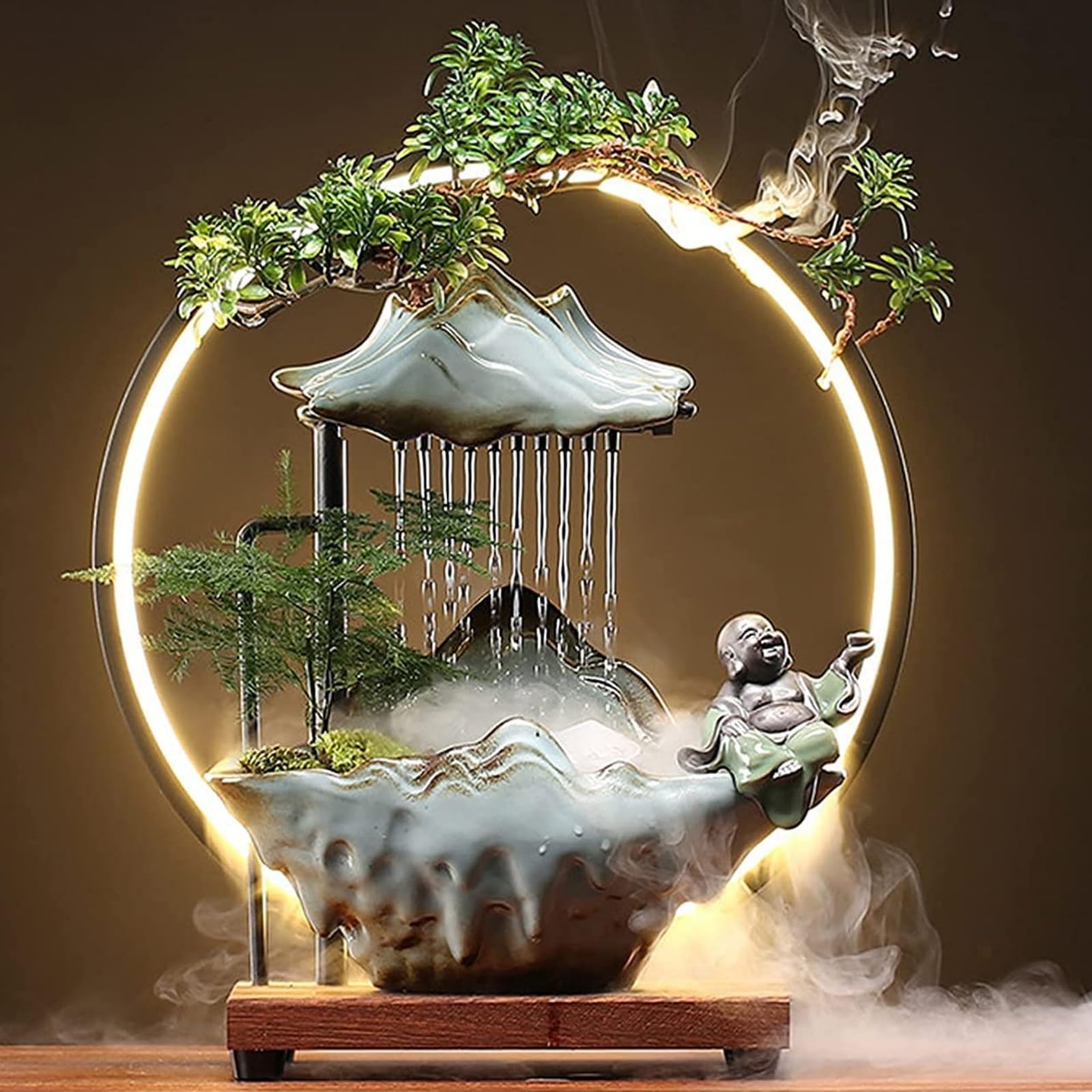 Buddha Deko Wasserbrunnen Wasserfall LED Innen Deko Springbrunnen für Meditation mit Japanische Dekoration mit gefälschten Pflanzen Feng Shui Dekoration für Glück Reichtum (Stil 1)