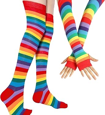 AUOCATTAIL Womens Rainbow High Socks Gloves Set Over Knee Striped Socks Rainbow Dash Cosplay Accessories for Girls