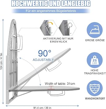 Wall Mounted Ironing Board with Iron Holder, 180° Rotatable Foldable Sturdy Ironing Station with Removable Cotton Fabric Cover, Compact Mount Fold Down Iron Board, Space Saving, 92 x 31 cm