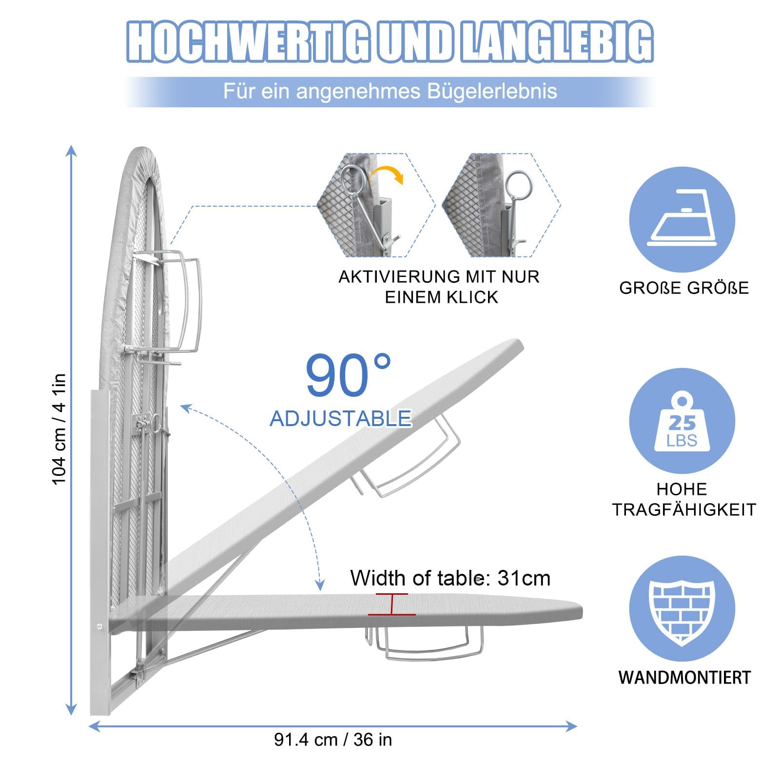 Planche à repasser pliable avec montage mural, rotative à 180°, peu encombrante avec organisateur de fer à repasser et housse résistante à la chaleur, planche à repasser murale pliable pour
