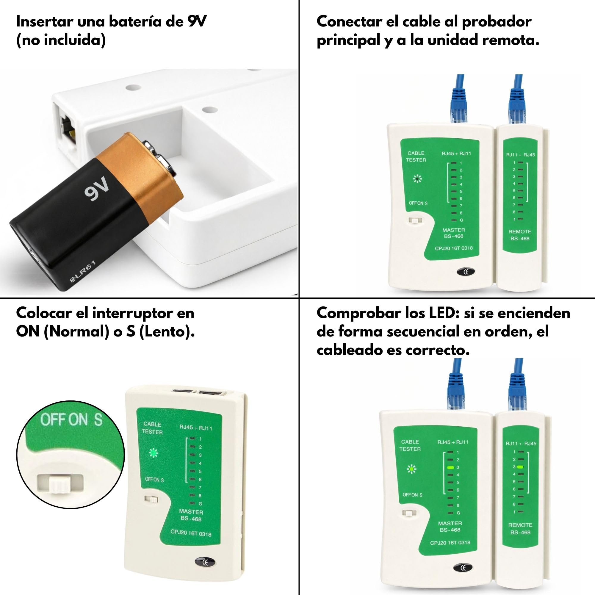 Incutex Comprobador de Cable, Tester Línea RJ45 RJ11 Ethernet LAN Cat5 Cat6 Localizador, Kit de Probador de Cable, blanco-verde