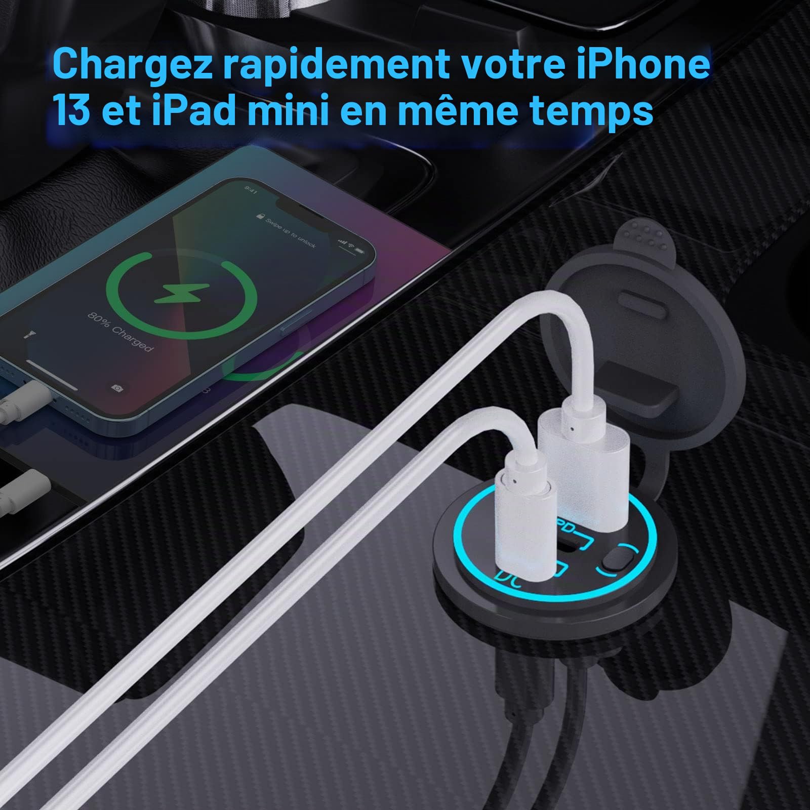 Prise USB 12V, Chargeur USB Filaire Multi Port, Double Prise Voiture PD3.0 et QC3.0 avec Interrupteur, Chargement Rapide pour iPhone iPad Android Phones, Adapté à la Voiture Bateau Marine