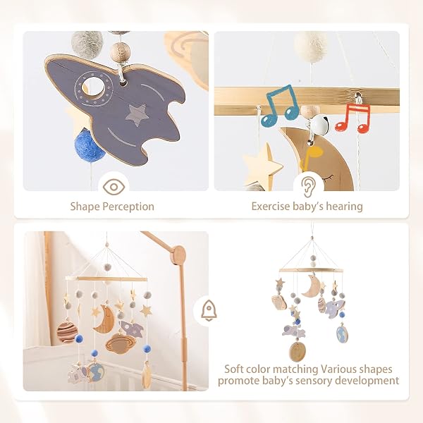 Wooden Teether ベッドメリー アーム ベビー メリー オルゴール付き モビール 木製アーム ベビーベッド飾り 赤ちゃん おもちゃ 取り付け簡単 寝かしつけ用品 子供用寝具 出産祝い 出産準備 宇宙飛行士 - 4