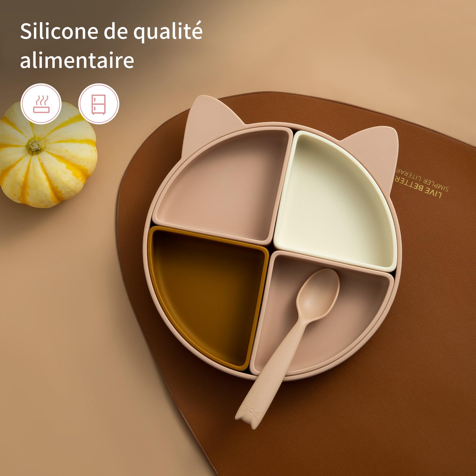 Set Repas Bébé 6 Pièces En Silicone - Bol Et Assiette Ventousée - Design Chat - Sans BPA