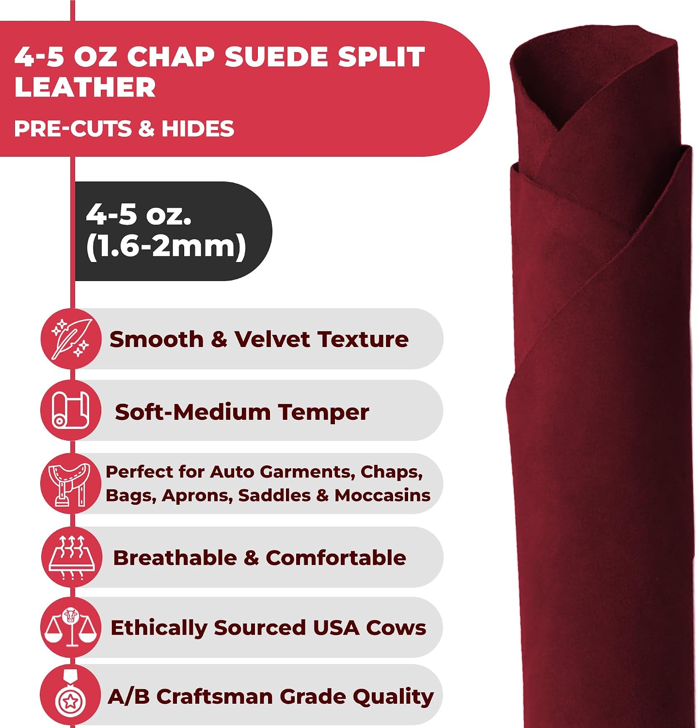 ELW Chap Splits Suede Leather 4-5 oz (1.6-2mm) - Pre-Cut Burgundy 1-3 SQ FT | USA Made AB Grade Full Grain Leather Sheet, Soft Leather Hide for DIY, Craft, Car Upholstery, Garments, Furniture