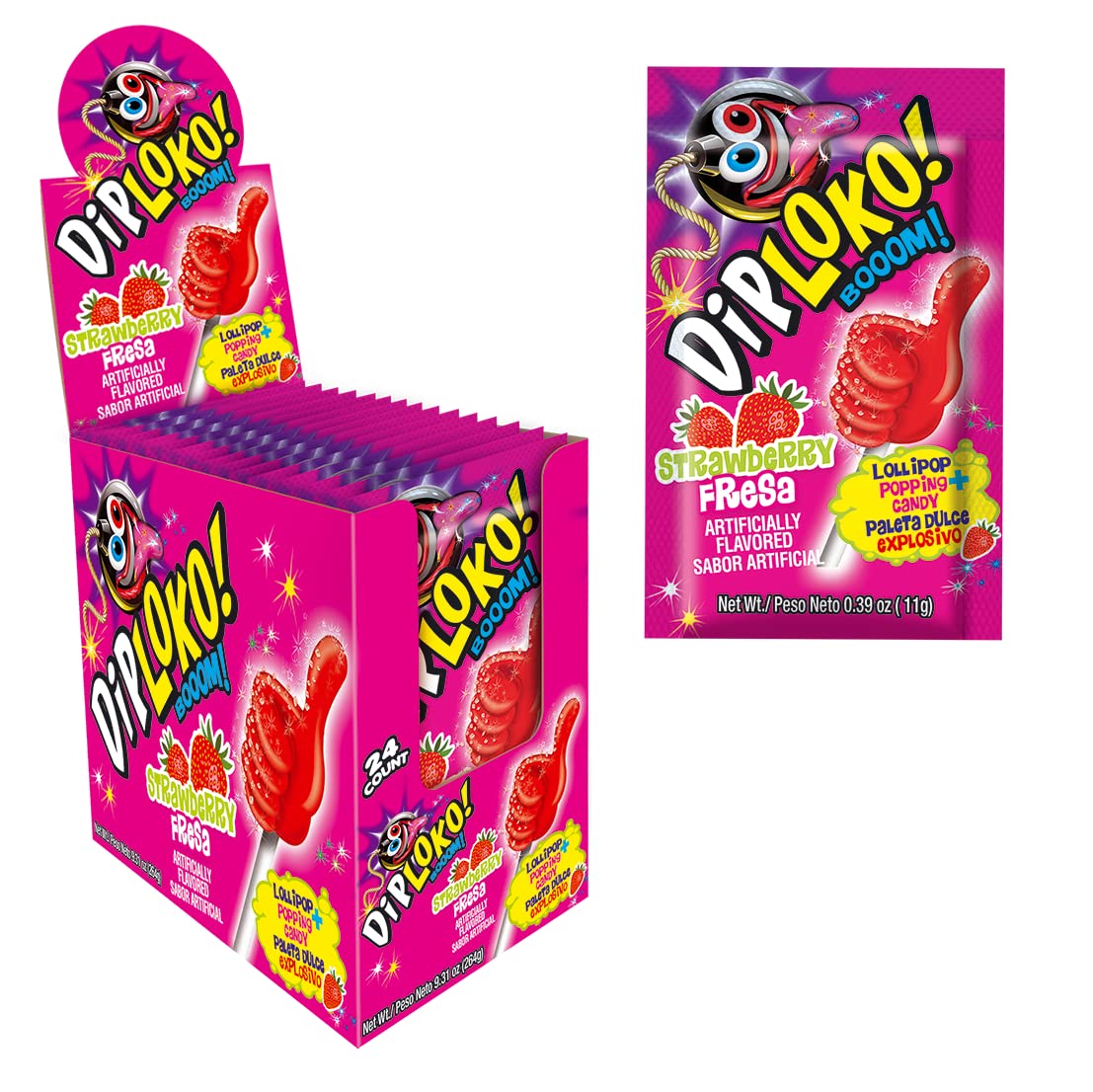 DIPLOKO! ''DIP LOKO!'' Boom Crackling Lollipop | Explosion of Flavor in the Mouth | Popping candy | 0.39 Oz Net Weight per Unit | 24 Count | Artificially Flavored (Strawberry, 24 Count)