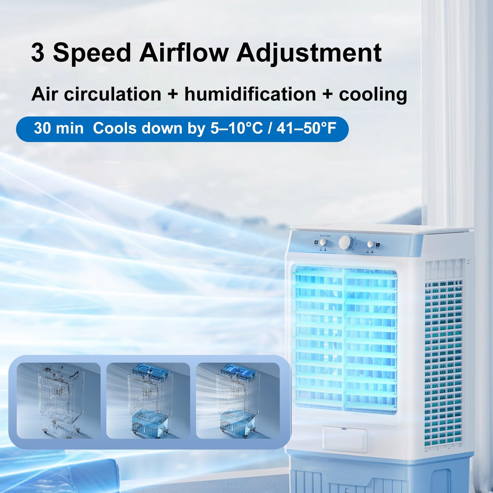 Enfriador de Aire Evaporativo Climatizador Portátil Gran Tanque de Agua | Cuerpo de Plástico, 220W, Doble Tanque de Agua, 4 Cajas de Hielo, 4 Ruedas Giratorias, Azul