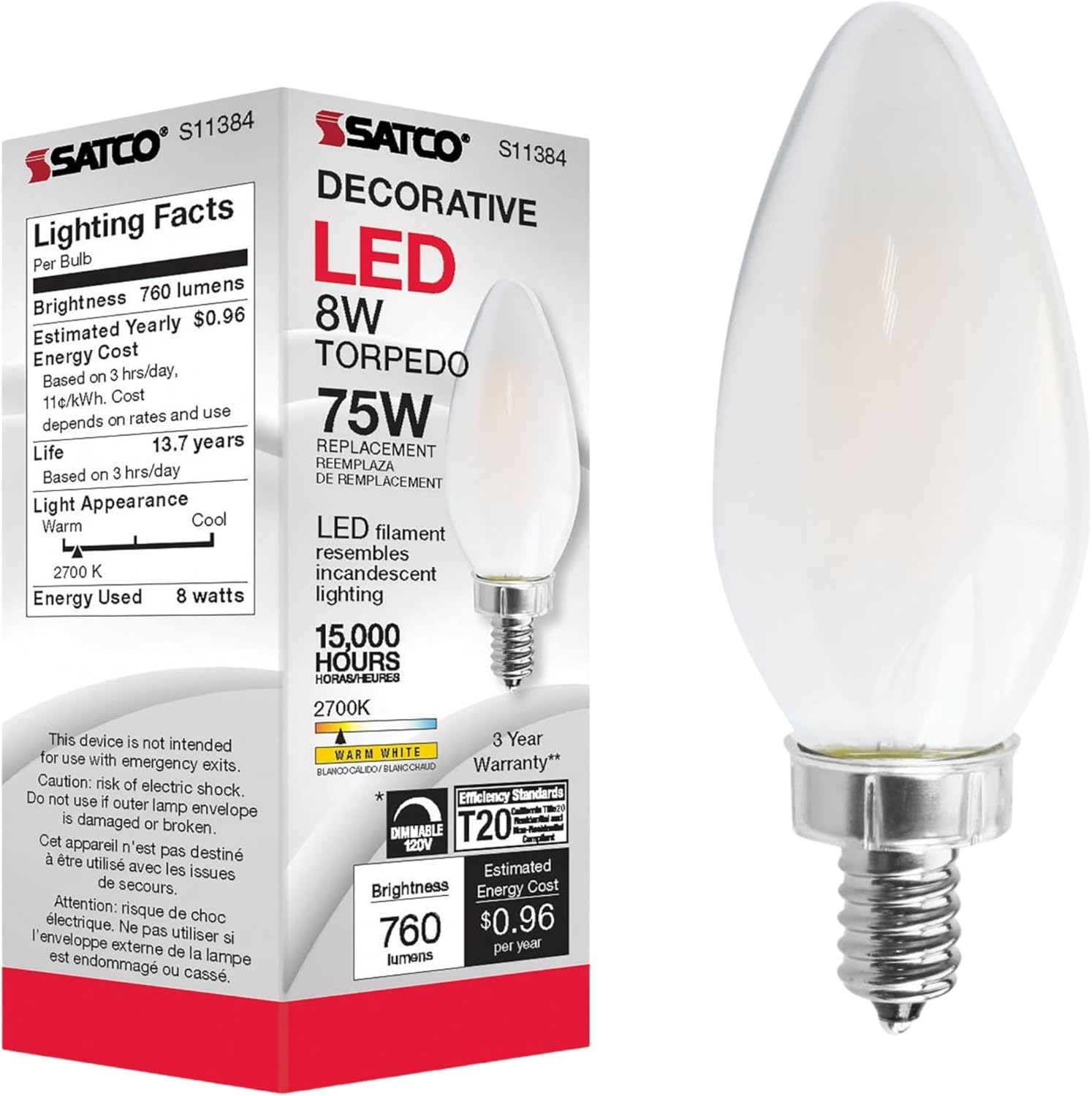 Satco S11384, Frosted, Candelabra Base, 2700K, 90 CRI, 760 Lumens, 120 Volt, 8 Watt C11 LED Bulb