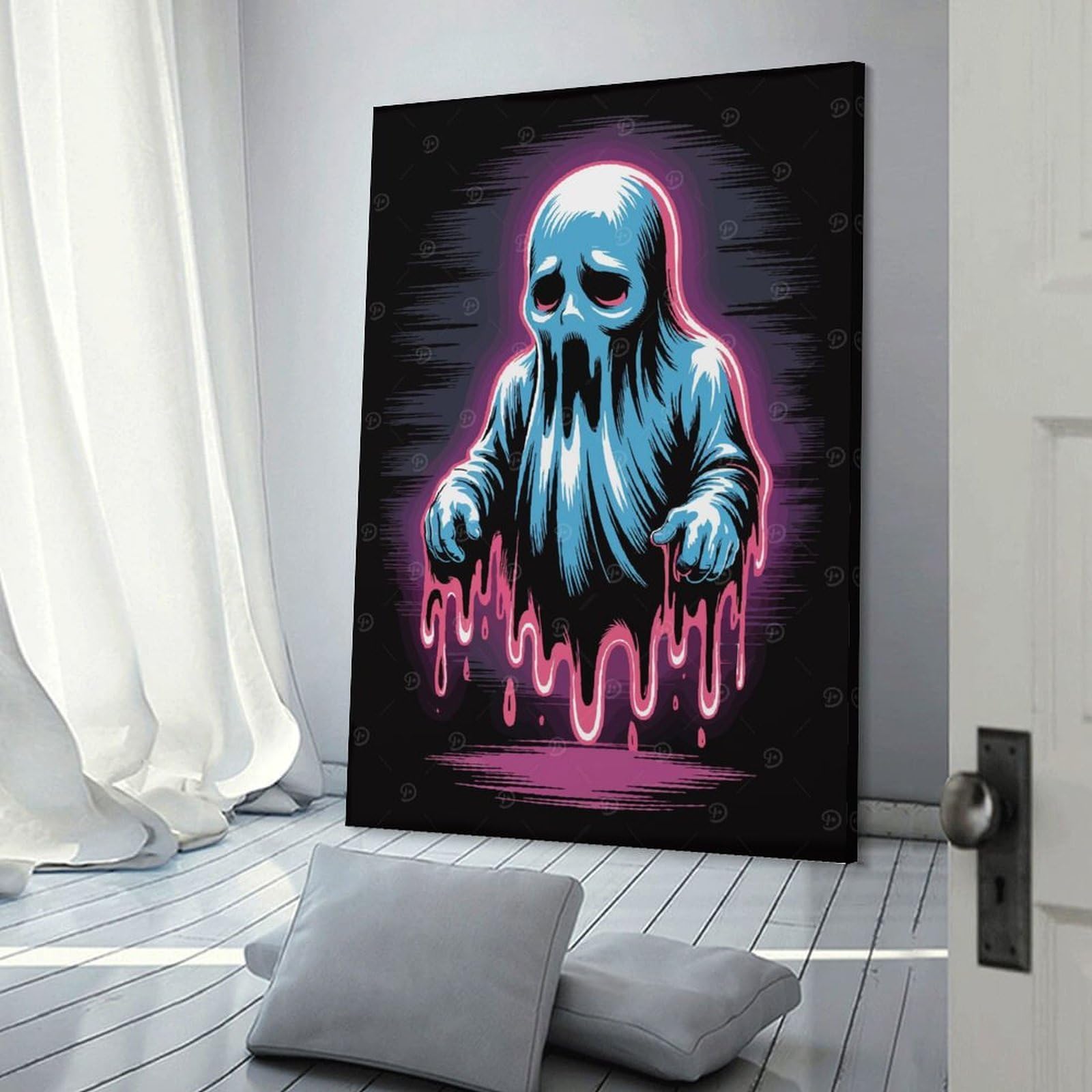 Junmoney Sad Blue Ghost with Pink Drips Room Decor Wall Art, 20x30inch(50x75cm), for Home Office, Desk Area Or Studio, An Interior Accent for Desk Areas