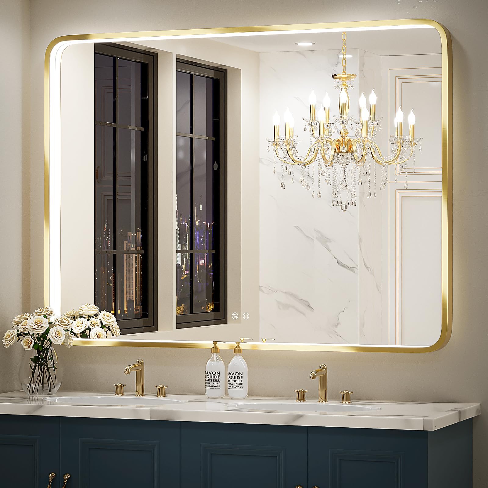 48x36 Inch LED Bathroom Mirror with Lights,Gold Metal Frame Wall Mounted Lighted Vanity Mirrors for Wall,Anti-Fog 3000K/4500K/6000K Dimmable Led Mirror,ETL Listed LED Driver
