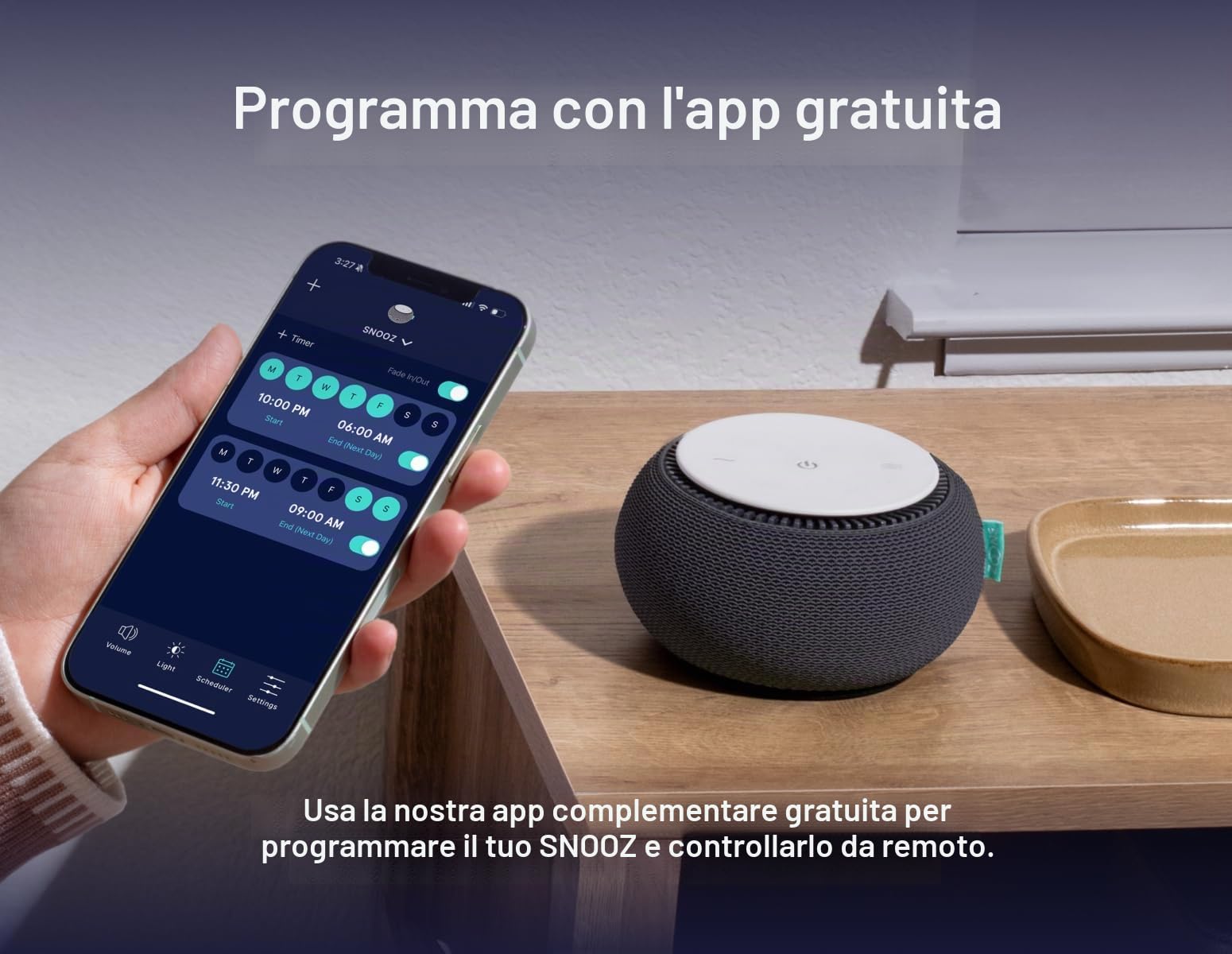 Snooz White Noise Sound Machine - Dispositivo per suoni di rumore bianco senza loop, telecomando basato su app, spegnimento con timer e luce notturna