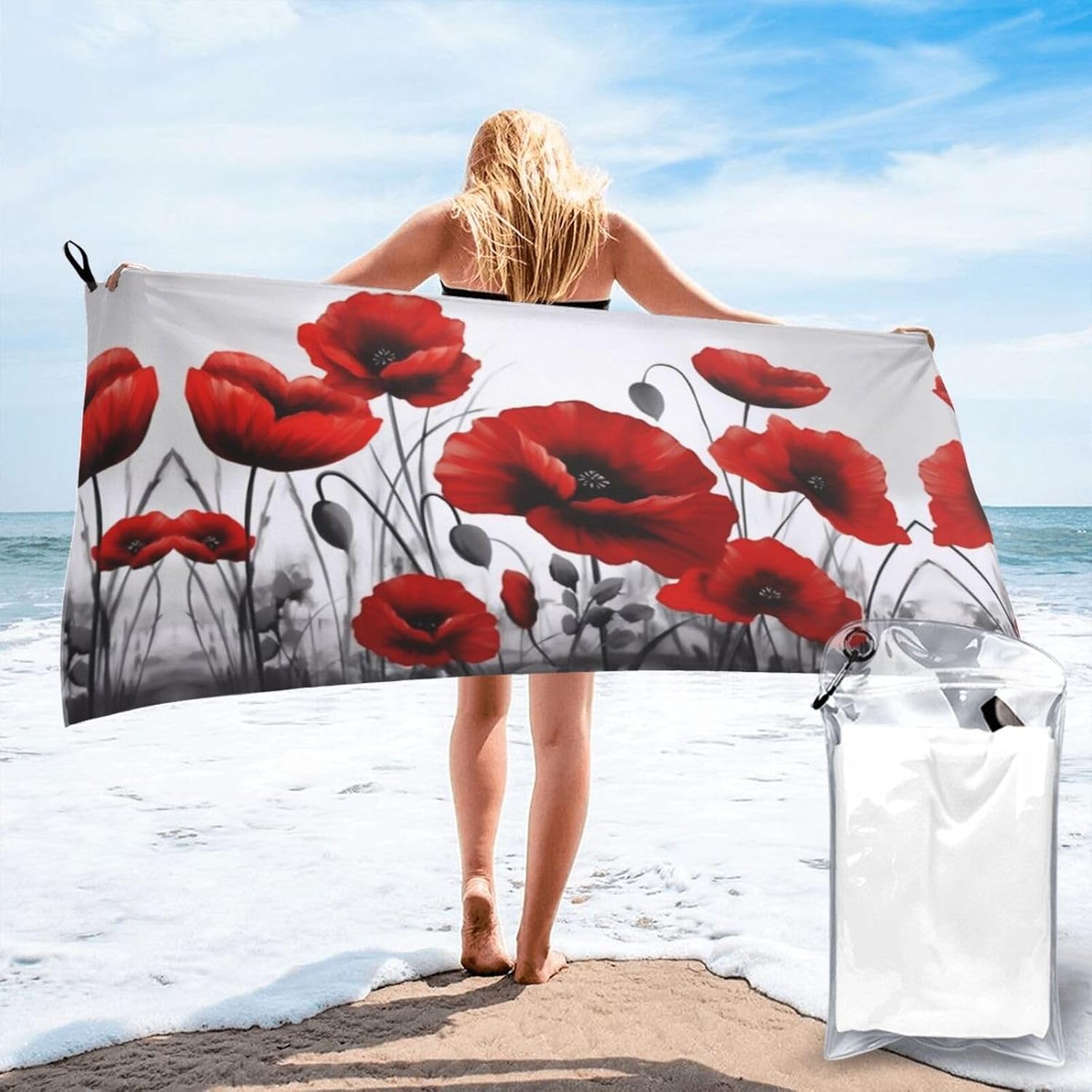 Red Flower Print Quick Dry Towel with Hanging Loop and Storage Bag for Travel, Gym, Camping