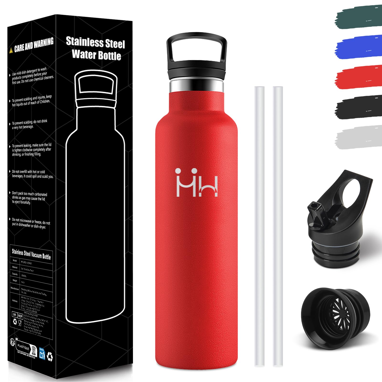Honeyholly Red - 750 Ml Drinking Bottle 750 Ml, Bpa-Free, Stainless Steel, Leak-Proof Insulated Flask, Double-Walled, Stainless Steel Water Bottle, With Straw, Thermos Flask, Suitable For Carbonated Drinks