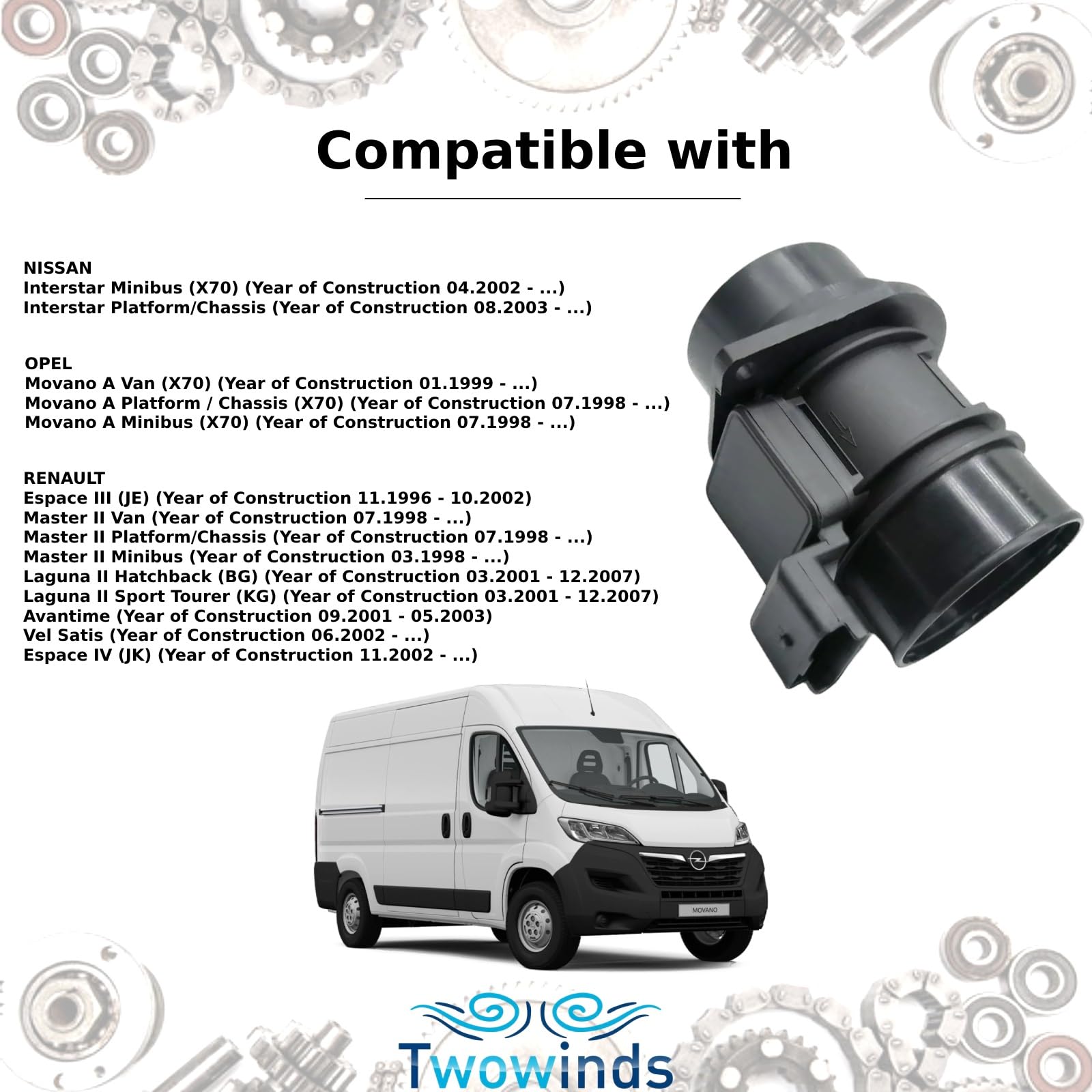 Twowinds - Caudalímetro 5WK9609 Compatible con Opel Movano A (1998-), Renault Laguna 2, Master 2, Vel Satis, Espace 4 (1996-), Nissan Interstar (2002-) - 7700314057