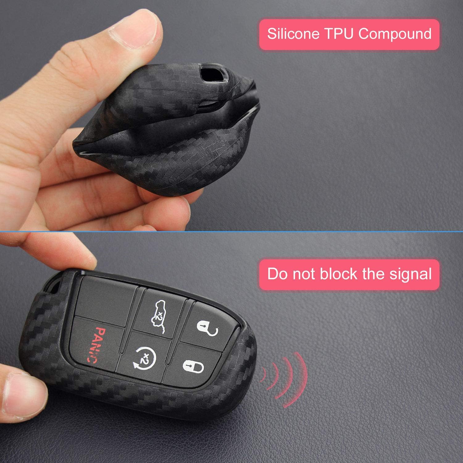 MissBlue Key Cover for Jeep/Dodge/Chrysler/Fiat, Silicone TPU Soft Key Case, Car Key Holder Key Protector for Jeep/for Dodge/for Chrysler/for Fiat Key - Carbon Fiber Pattern - Oval Keychain