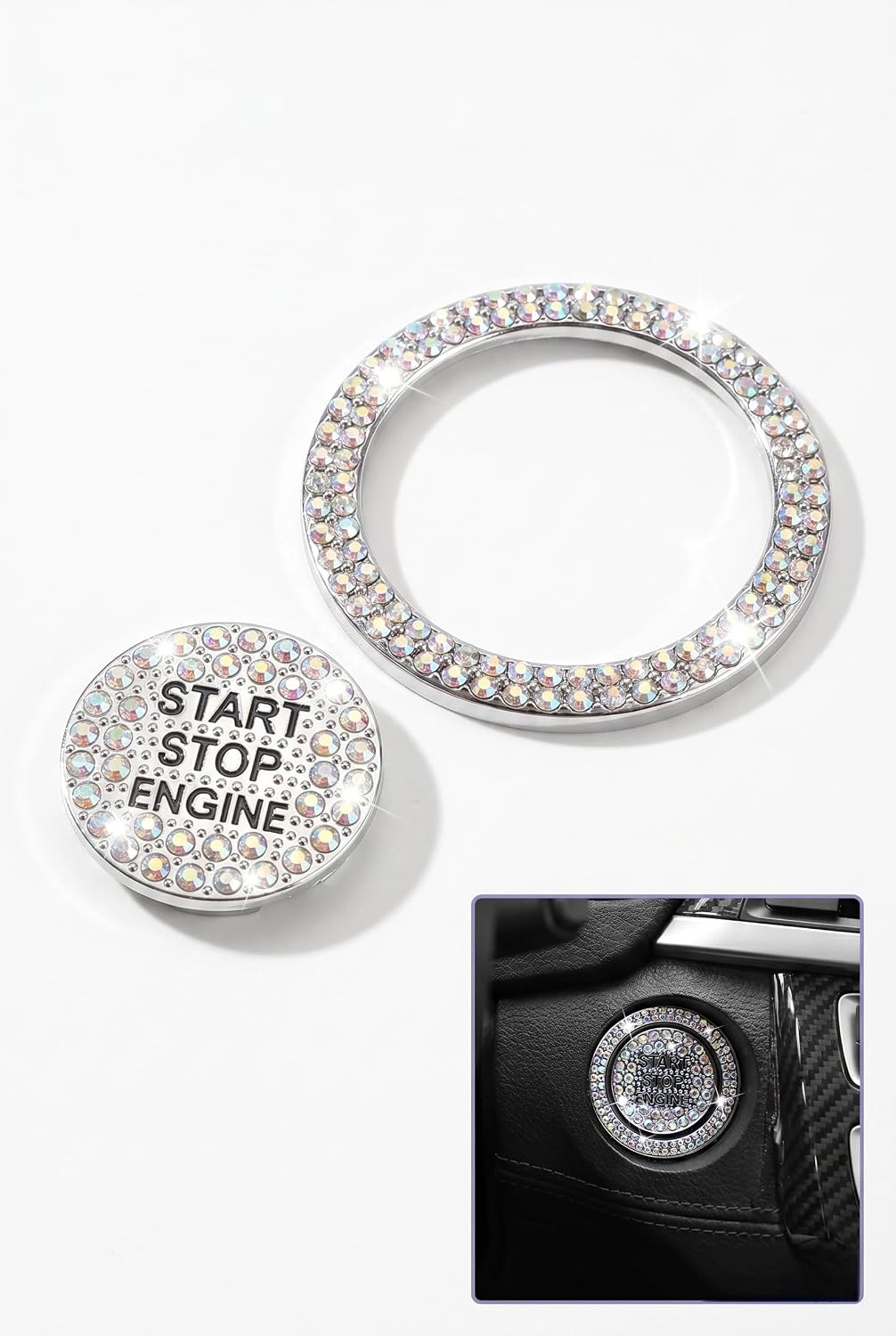 Bling Car Push to Start Button Cover, Crystal Rhinestone Engine Stop Decoration Ring Sticker, Sparkling Push Start Button Cover, Universal Bling Car Accessories for Women (Multicolored)
