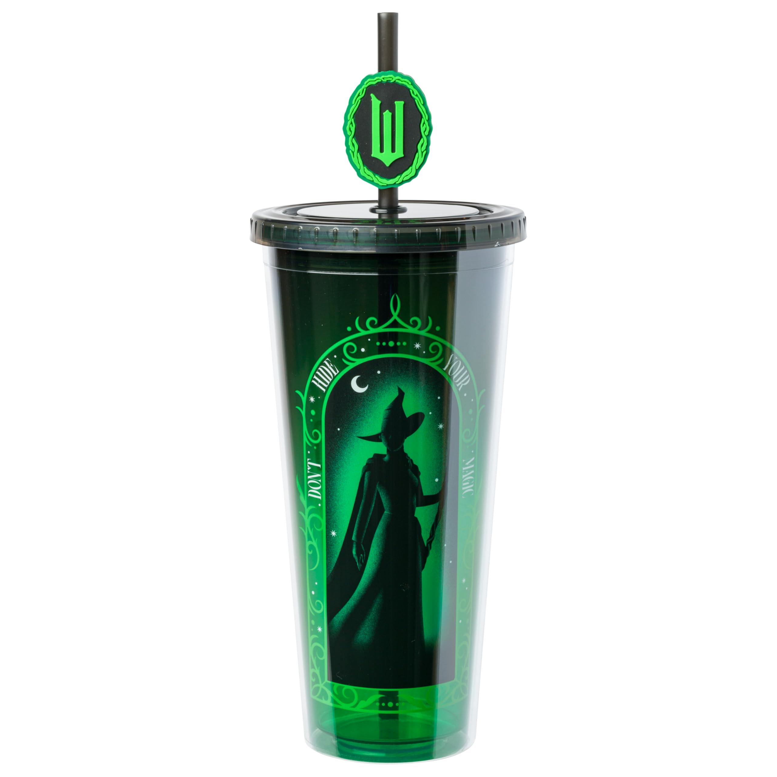 Silver Buffalo Wicked Elphaba Don't Hide Your Magic Plastic Cold Cup with Lid and Topper Straw, 24 Ounces
