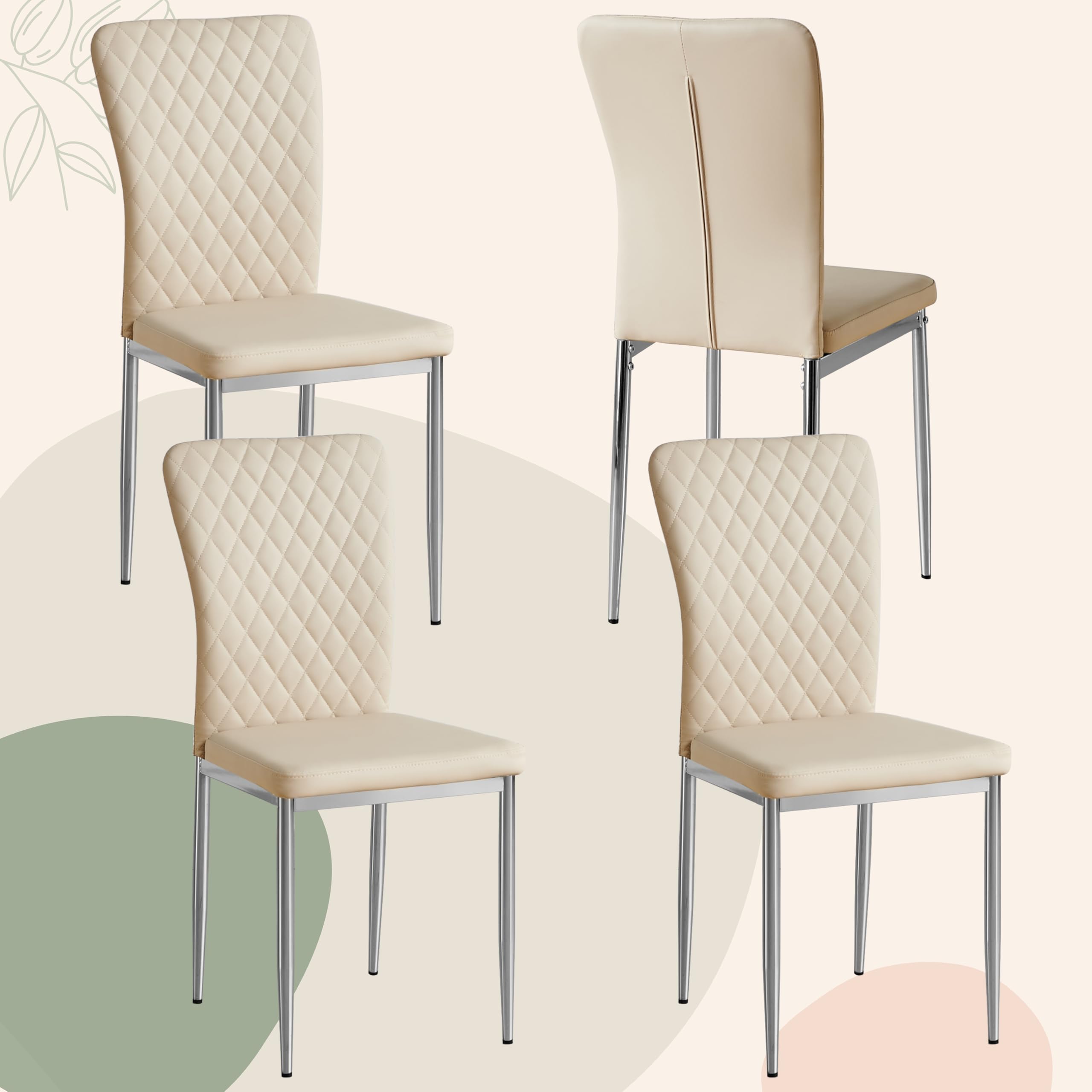 JaHECOME Faux Leather Dining Chairs Set of 4 Kitchen Living Room Chairs High Back Upholstered Padded Seat Silver Chrome Legs(4,PU Beige) โ image 1