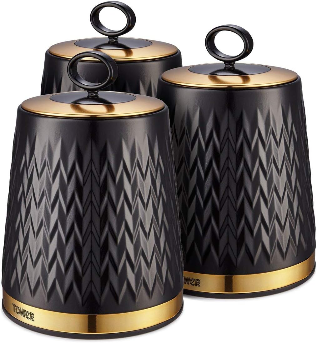 Tower T826091BLK Empire Set of 3 Storage Canisters for Tea Coffee Sugar, 1.3L, Black and Brass