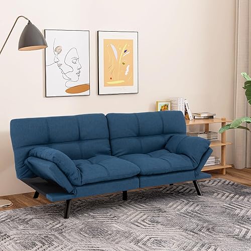 Sofá cama de espuma viscoelástica convertible, sofá futón de tela de lino, sofá cama futón pequeño, con respaldo dividido, moderno sofá cama para