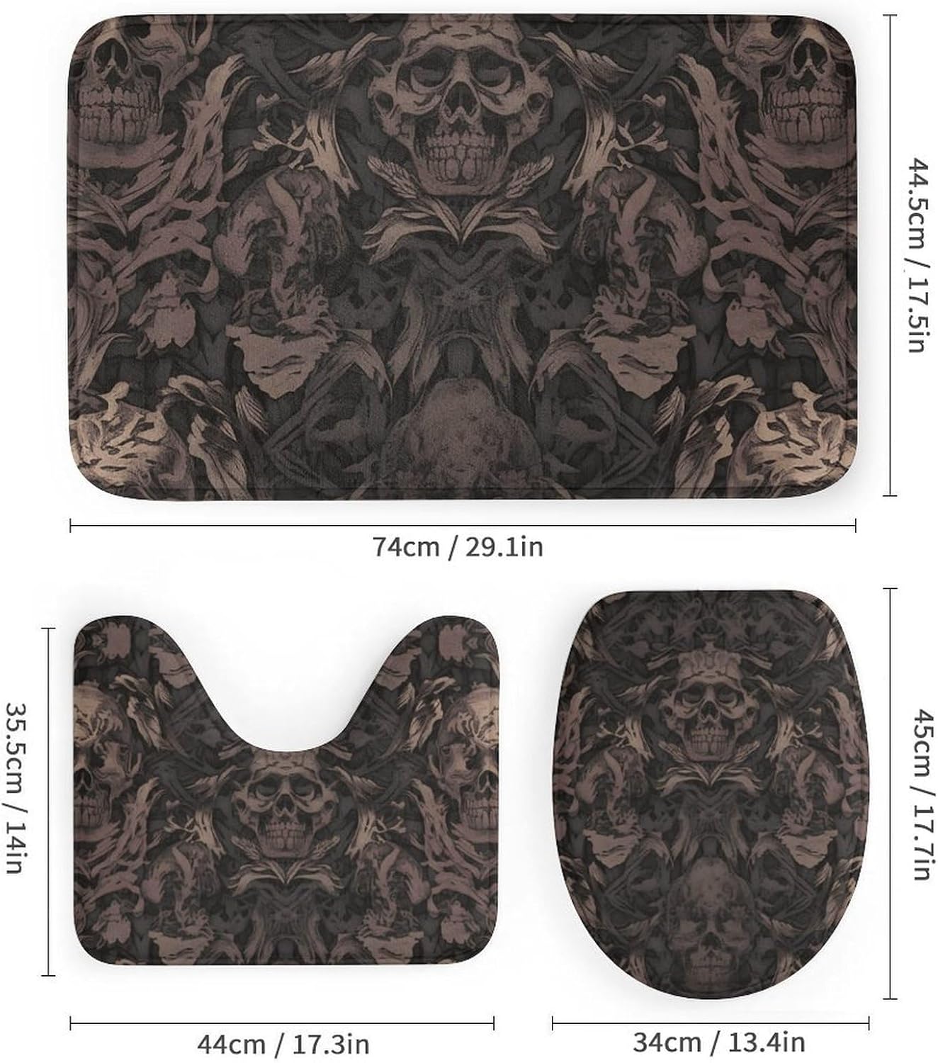 4-piece Bathroom Set with Waterproof Shower Curtain, Non-slip Absorbent Rug,Gothic Wallpaper for Walls Skull Damaskprinting And Toilet Seat Cover - Bathroom Accessories And Decor for Modern Homes, Wit