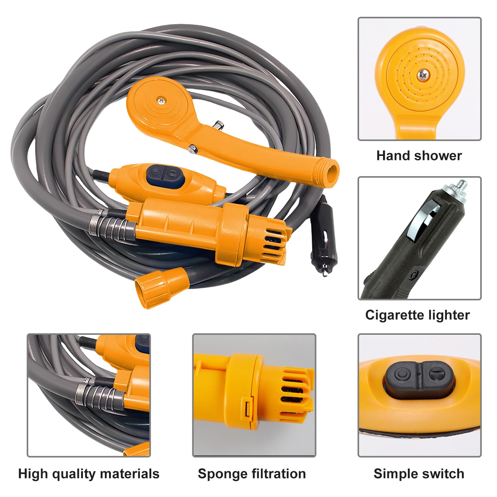 Doccia da campeggio, portatile, da campeggio, con secchio pieghevole, pompa, 2 m, cavo di alimentazione e interruttore, 12 V, doccia portatile, pompa per doccia elettrica per animali domestici, viaggi