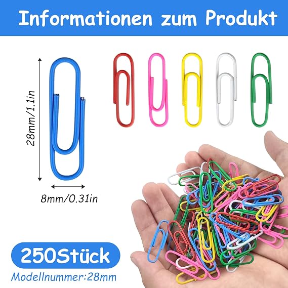 250 Pcs Coloured Paper Clips,28mm Metal Paper Clips with Plastic Box, Small Assorted Coloured Paperclips and Rustproof Paper Clip for Paperwork Office School Document Supplies Home Organization