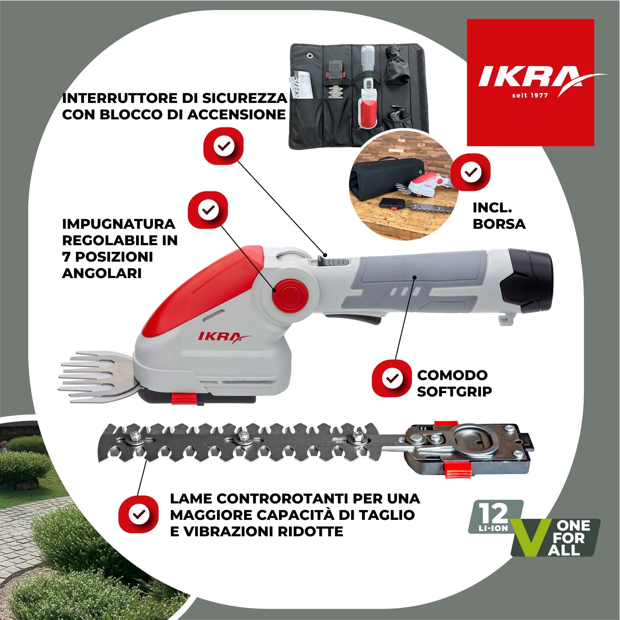 IKRA cesoia per erba ed arbusti a batteria IGBS 1210 2in1, custodia inclusa | Incl batteria da 12V e caricabatterie, impugnatura regolabile in 7 posizioni, lama Made in Germany, gamma di batterie 12V