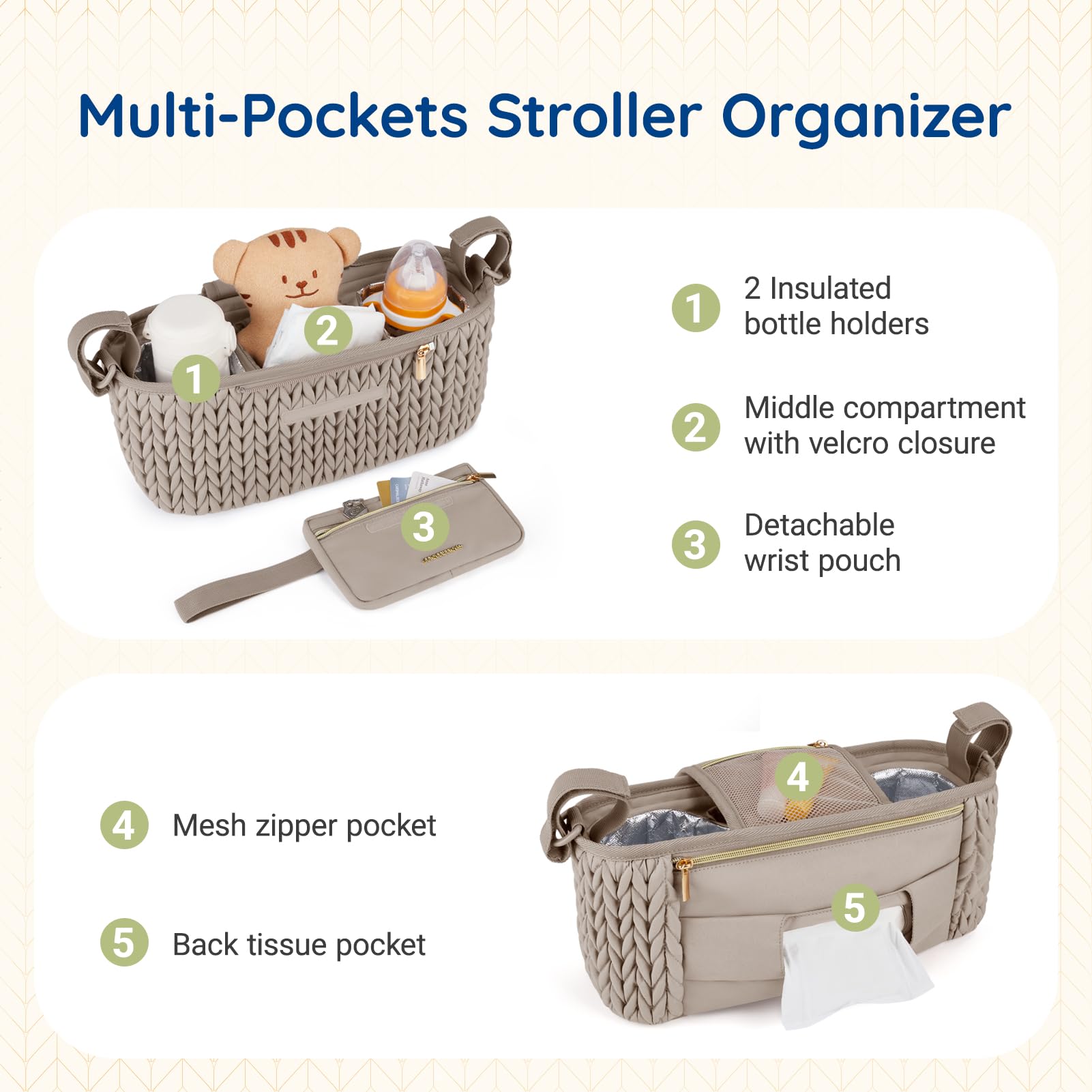 mommore Organiseur de poussette avec porte-gobelets isothermes, panier réglable pour poussette avec sac de téléphone amovible, accessoires de poussette pour Uppababy, Doona, Jogger, Britax (noir)