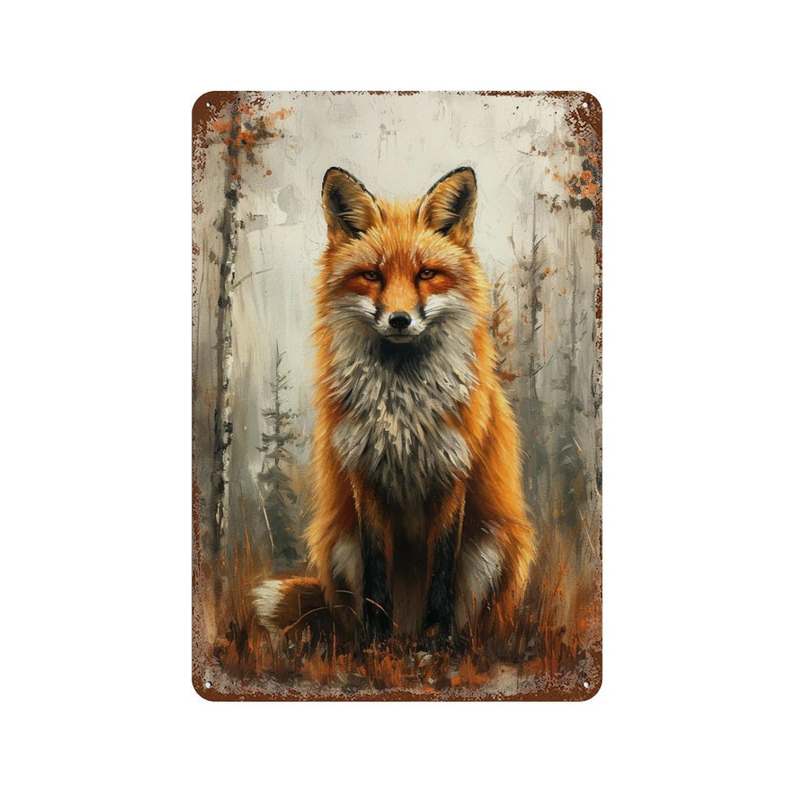 Fox in Forest Painting 11.8"x7.9" Distressed Metal Wall Sign, Retro Wall Decor for Garage, Bar And Workshop Decor