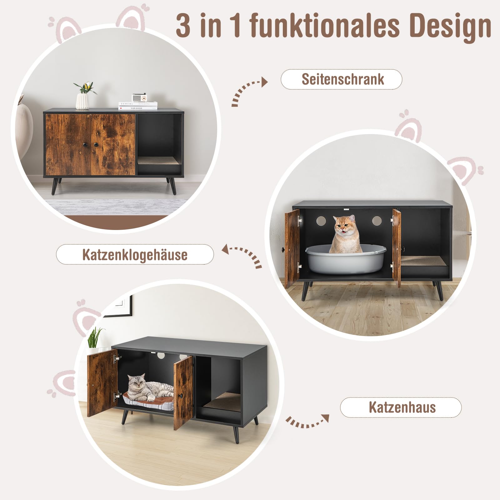 COSTWAY Katzenschrank für Katzentoilette, 2 in 1 Beistelltisch Katzenhaus, Katzenklo Schrank mit Kratzbrett & 2 Türen & Eingang, Katzenmöbel für Katzen Hunde Haustier, 90x50x54cm (Vintage)