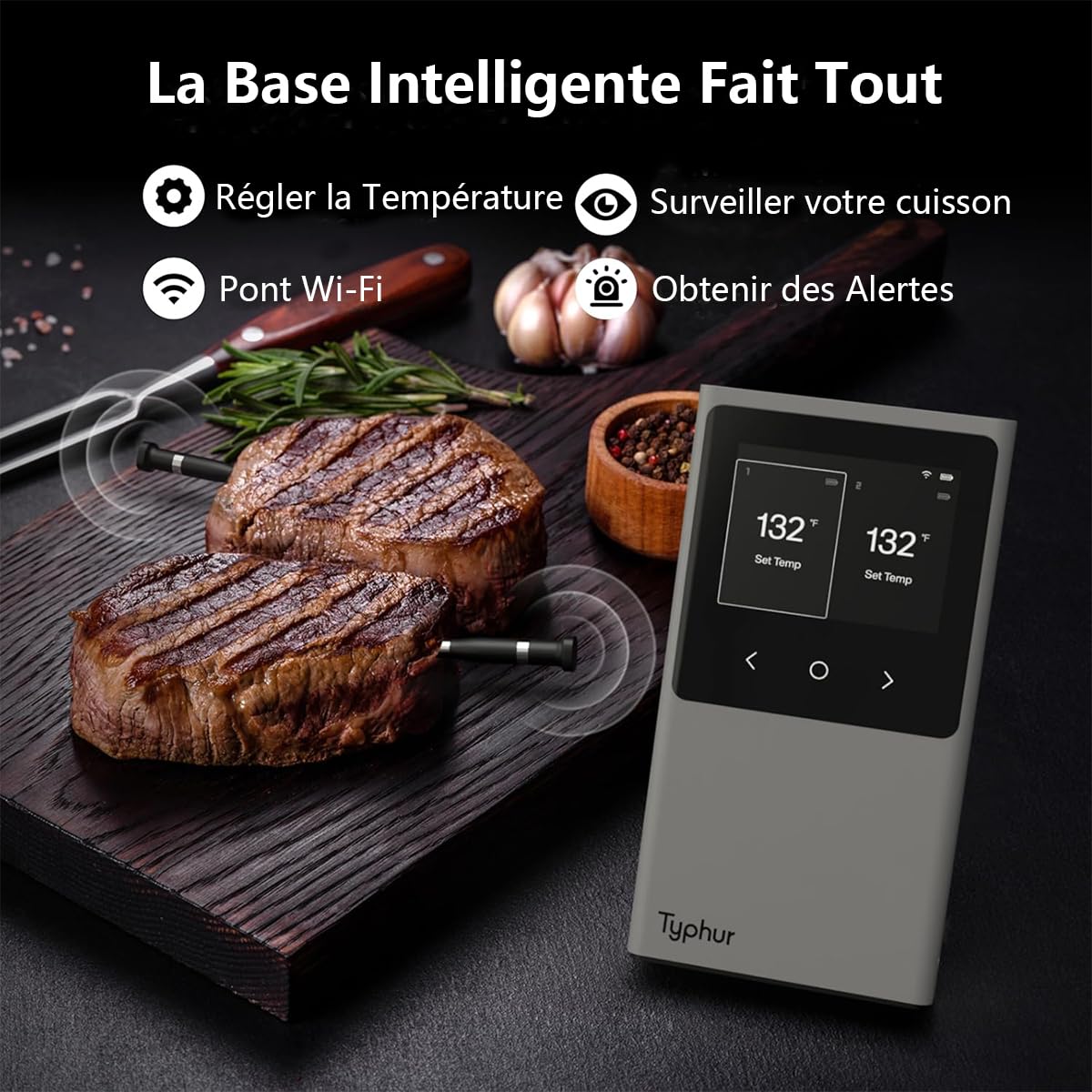 Typhur Thermomètre à Viande Intelligent Sans Fil -2 Sondes 12 Capteurs, 122m Bluetooth 5.4 Haute Stabilité, Surveillance WiFi Illimitée, IP67 Etanche Thermomètre Cuisine Cuison pour Gril Four Barbecue