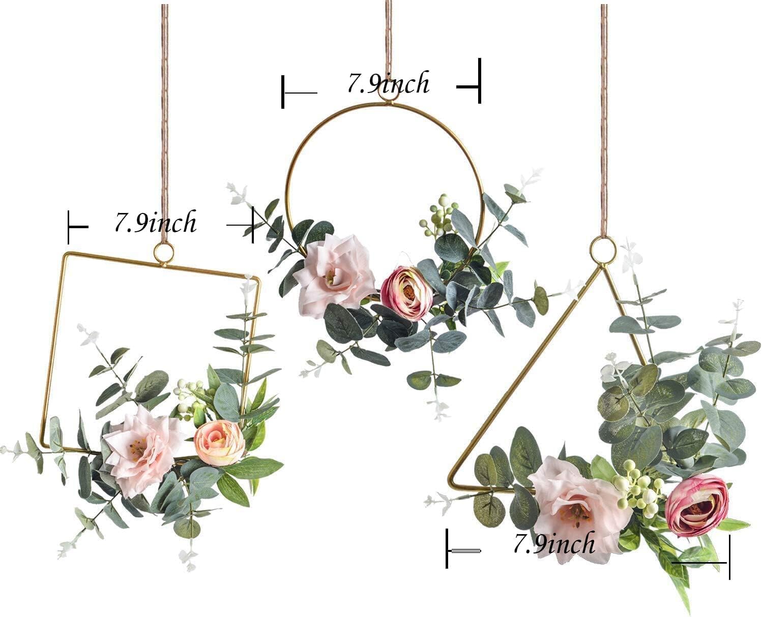 Fermus Floral Hoop Wreaths Set of 3 Artificial Flower Hanging Wall Hoop Garland with Pink Clematis Tea Rose Flowers and Green Eucalyptus Leaves for Wedding Nursery Wall Decor
