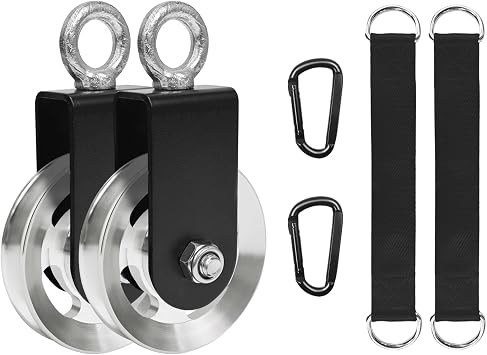 LFJ Aluminum Alloy Cable Pulley with Swing Strap Carabiner, 90mm Pulley Wheel for LAT Pulley System DIY Pull Down Attachment,Ladder Lift,Home Gym Equipment