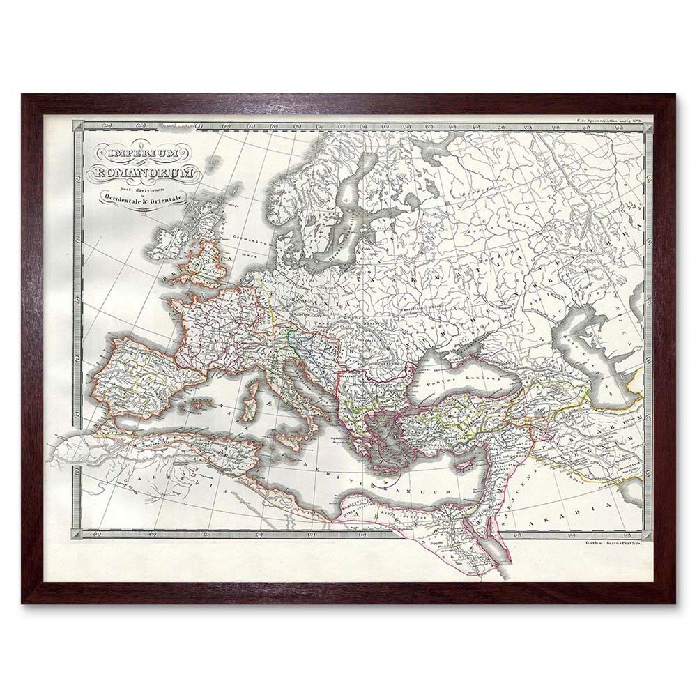 Wee Blue Coo Framed Brown 1850 Map Roman Empire Divided East West Ancient Rome Art Print Framed Poster Wall Decor 12X16 Inch