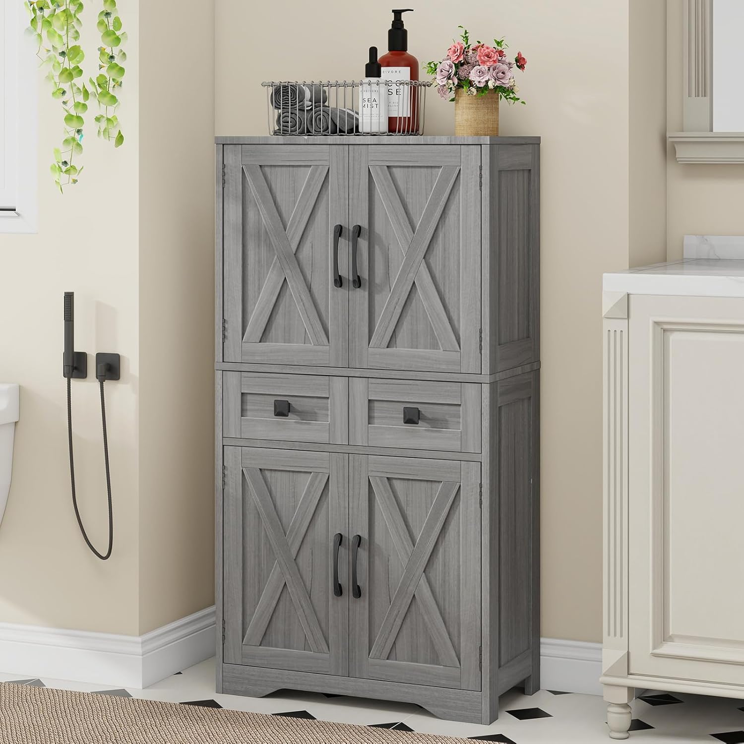 Farmhouse Bathroom Storage Cabinet with 2 Drawers and Barn Doors, Kitchen Pantry Cabinet, Freestanding Storage Cabinet with Adjustable Shelves for Bathroom, Living Room, Kitchen, Wash Grey.