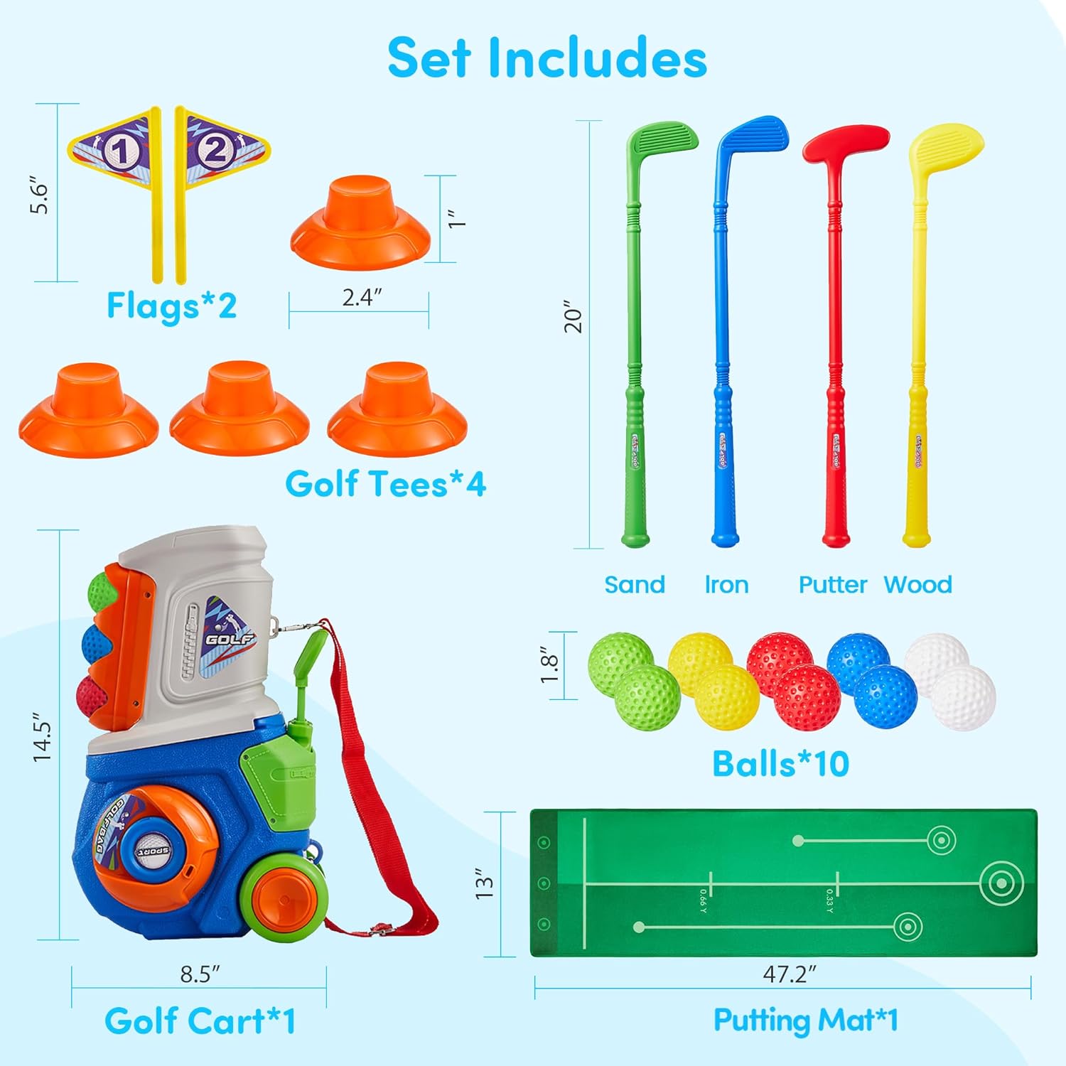 PJG Toddler Golf Set with Mat, Plastic Kids Golf Clubs Ages 1 2 3 4 5 Years Old with 4 Golf Clubs and 10 Balls, Toddler Golf Toys with Cart for Boys and Girls Birthday (Blue)